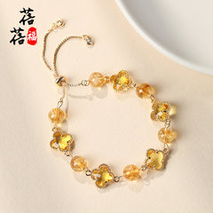 Original Natural Crystal Four Leaf Clover Alloy Bracelet Yellow Tower Quartz White Crystal