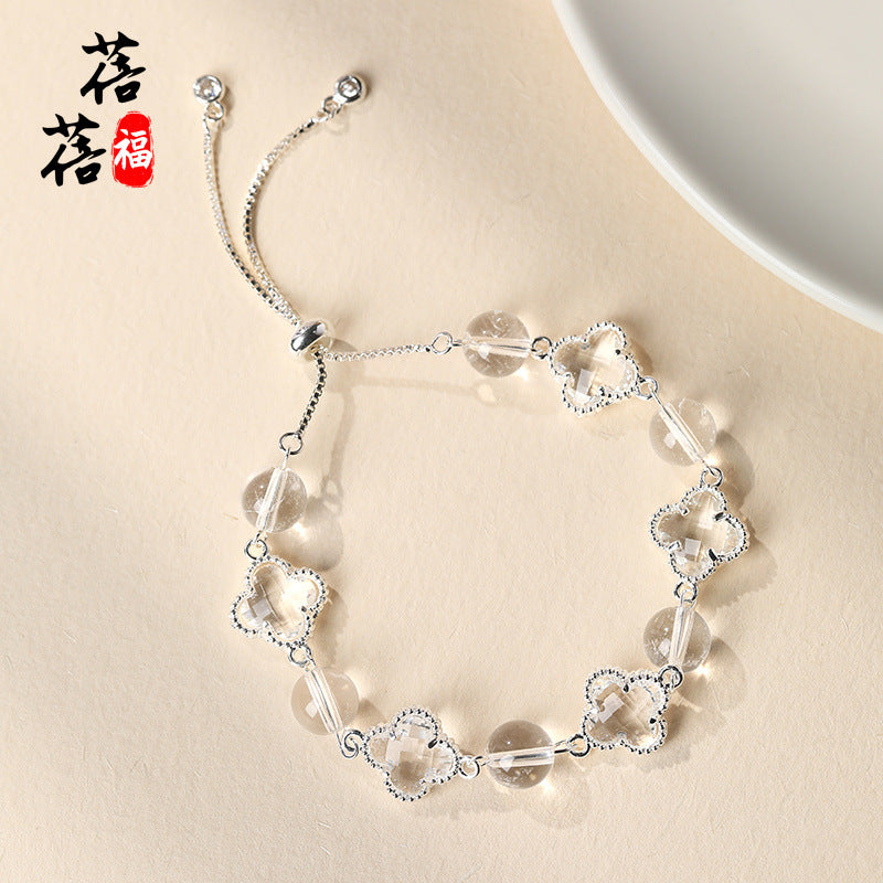 Original Natural Crystal Four Leaf Clover Alloy Bracelet Yellow Tower Quartz White Crystal